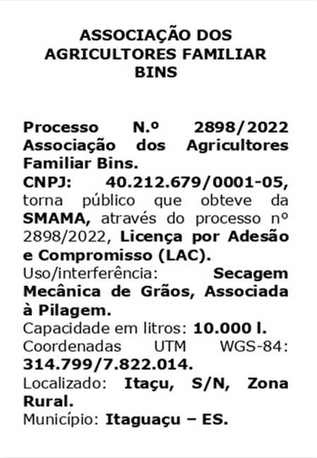 LICENÇA AMBIENTAL OBTIDA - ASSOCIAÇÃO DOS AGRICULTORES FAMILIAR BINS